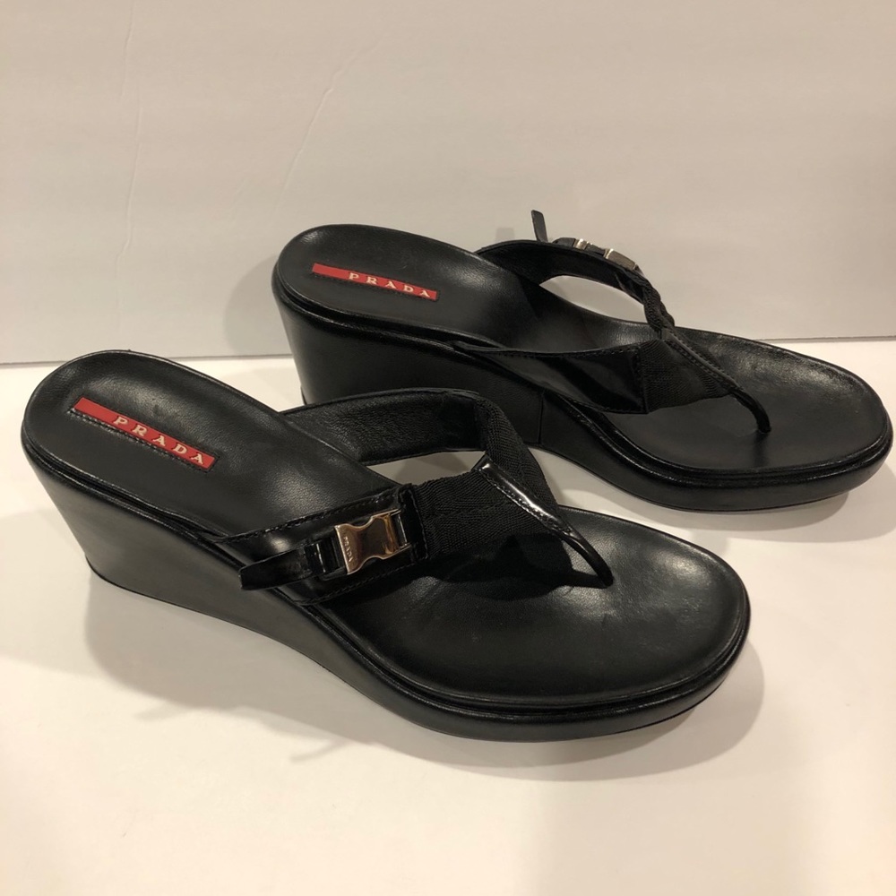 Prada sport wedge thong slide sandals black 39.5